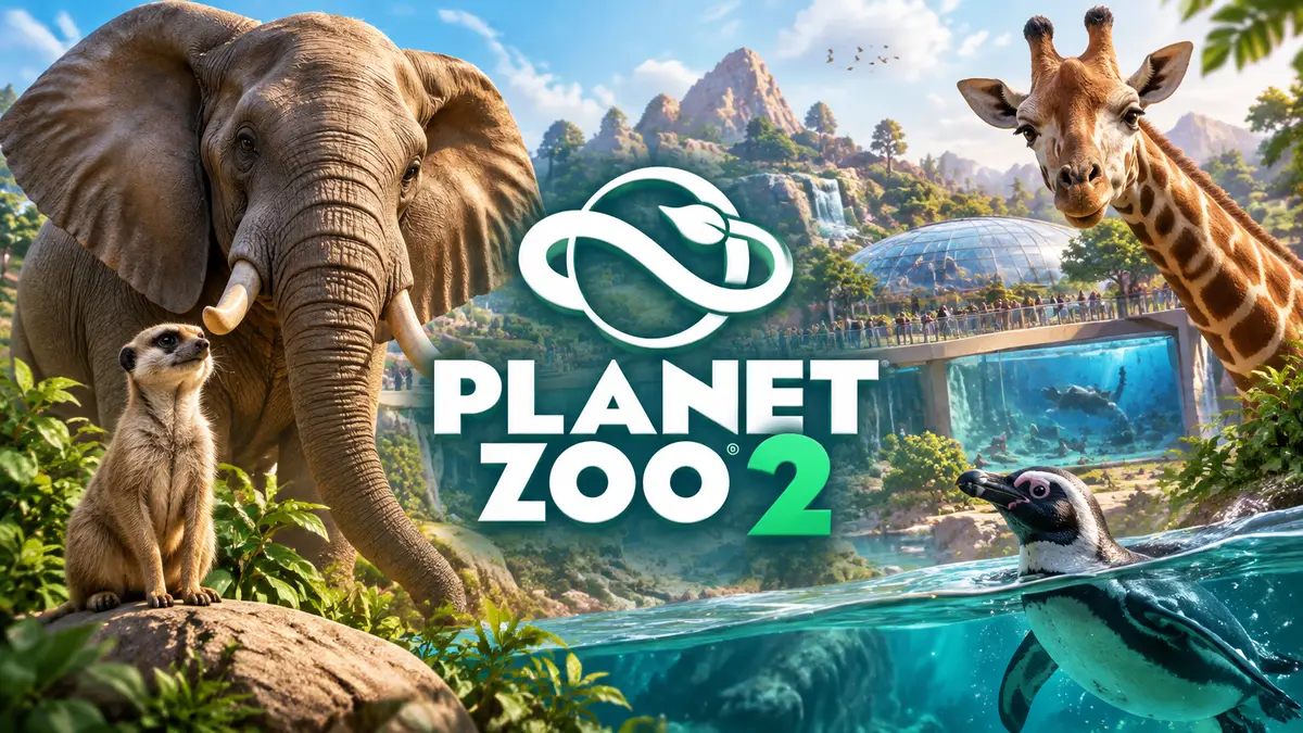 Логотип игры Planet Zoo 2 на фоне экзотических животных и современного зоопарка