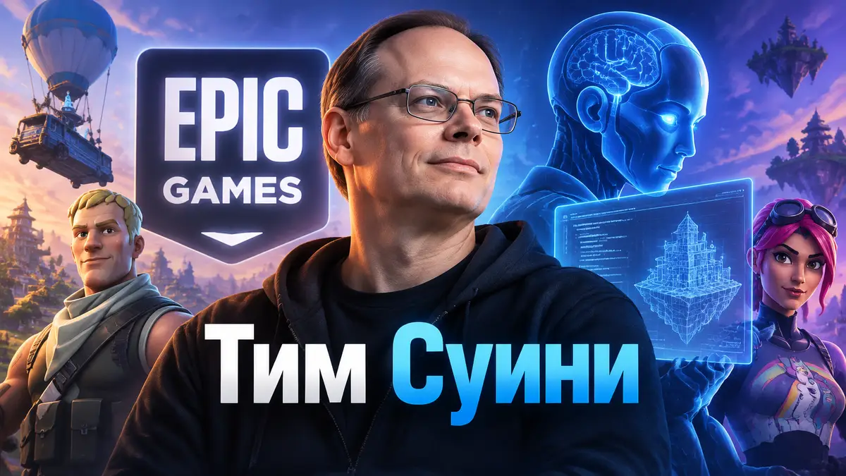 Тим Суини на фоне логотипа Epic Games и героев Fortnite, тема ИИ в разработке видеоигр