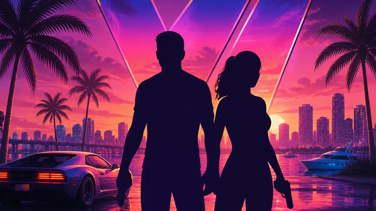 Логотип ожидаемой игры Grand Theft Auto 6 на фоне неонового заката