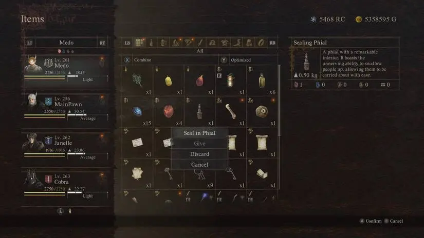 Sealing Phial menu - Dragon's Dogma 2