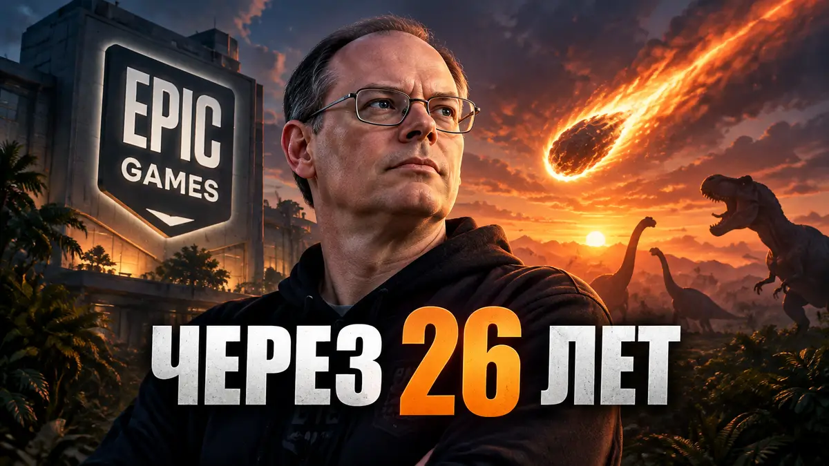 Тим Суини, глава Epic Games, на фоне падающей кометы и силуэтов динозавров, логотип Epic Games