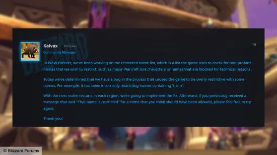 Blizzard's Randy Jordan confirms a bug in the WoW Forever naming filter.