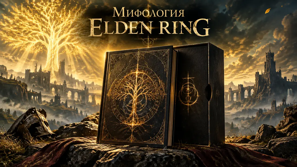 Подарочная книга «Мифология Elden Ring» с золотым тиснением в футляре на фоне Древа Эрд и Междуземья