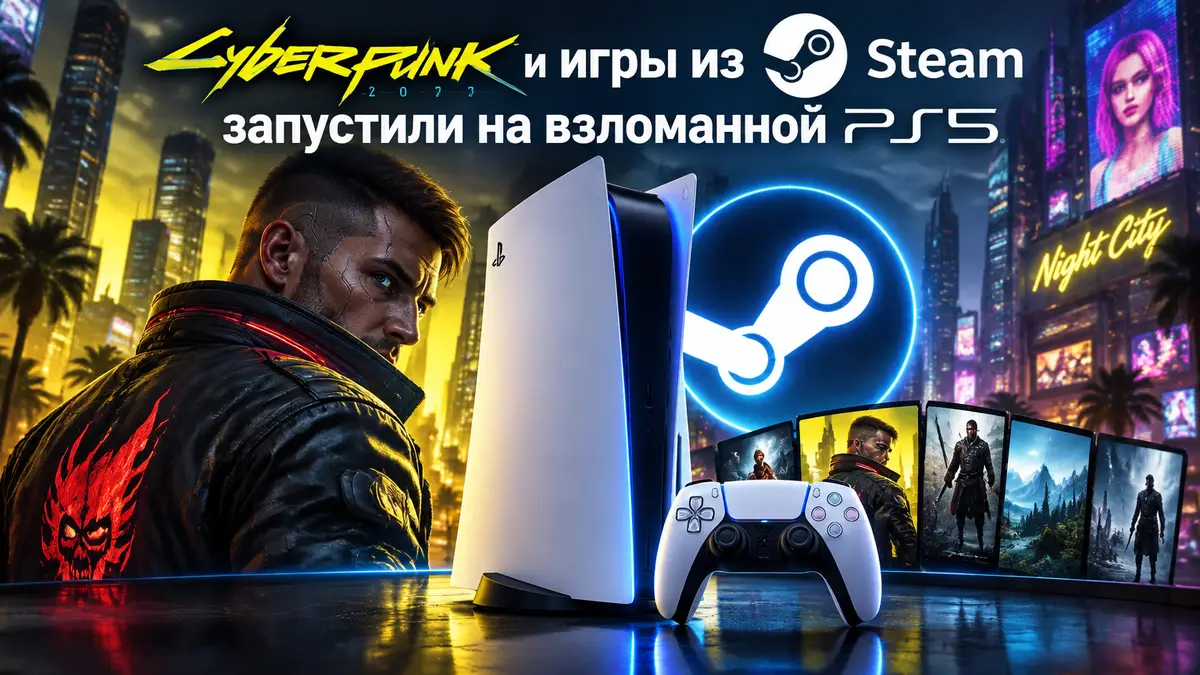Консоль PS5 в неоновом свете с логотипом Steam и городом Cyberpunk 2077 на фоне, игры из Steam на PS5