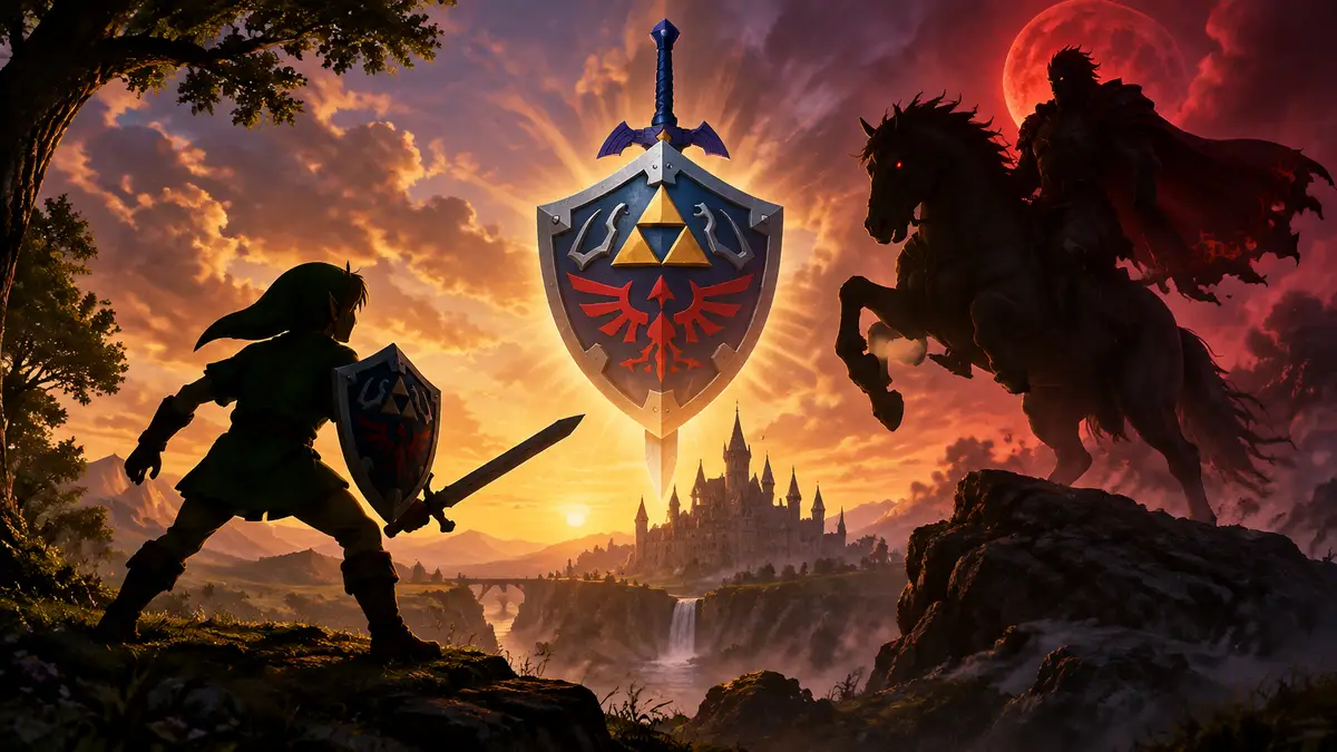 Линк с мечом и щитом напротив Ганондорфа верхом на коне, логотип ремейка Zelda: Ocarina of Time