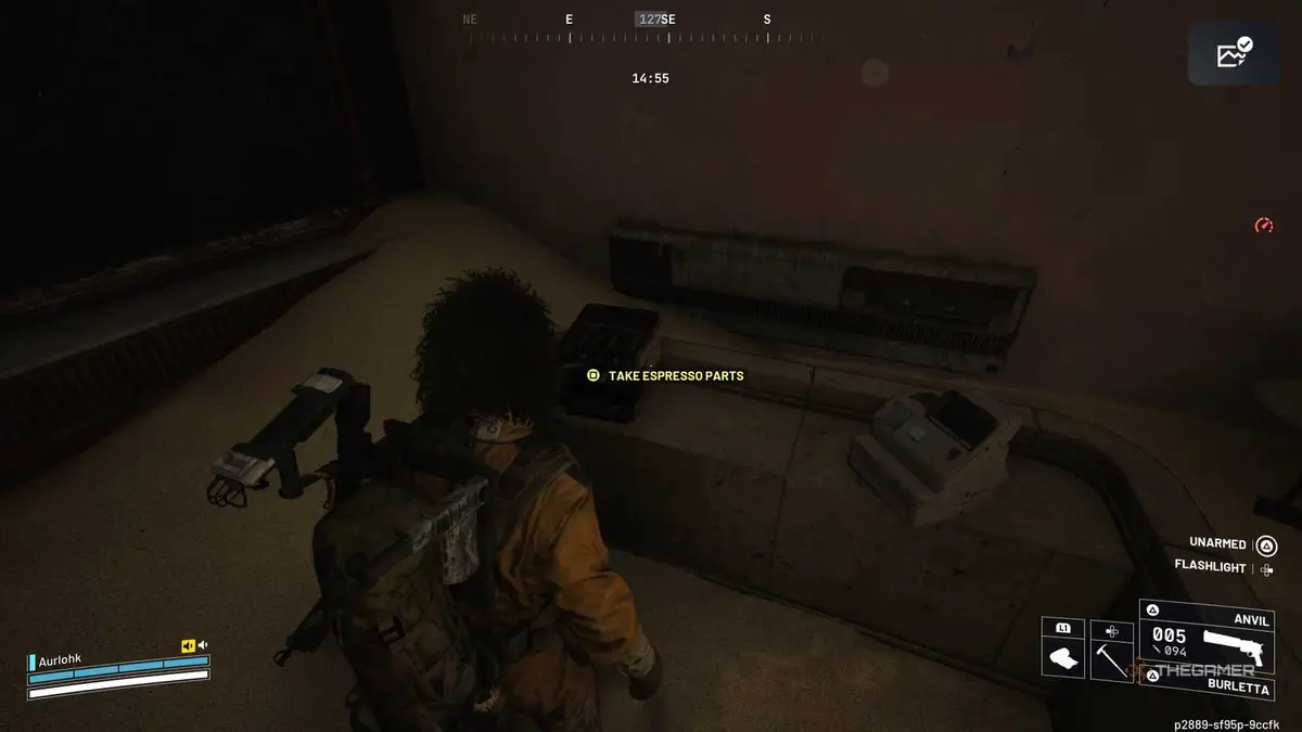 Player raider standing next to a broken espresso machine with a quest interact prompt floating in Arc Raiders.