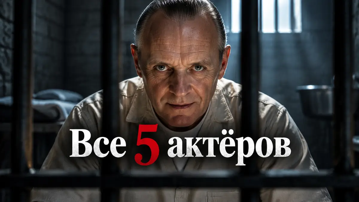 Ганнибал Лектер в тюремной камере пристально смотрит вперед в стилистике триллера