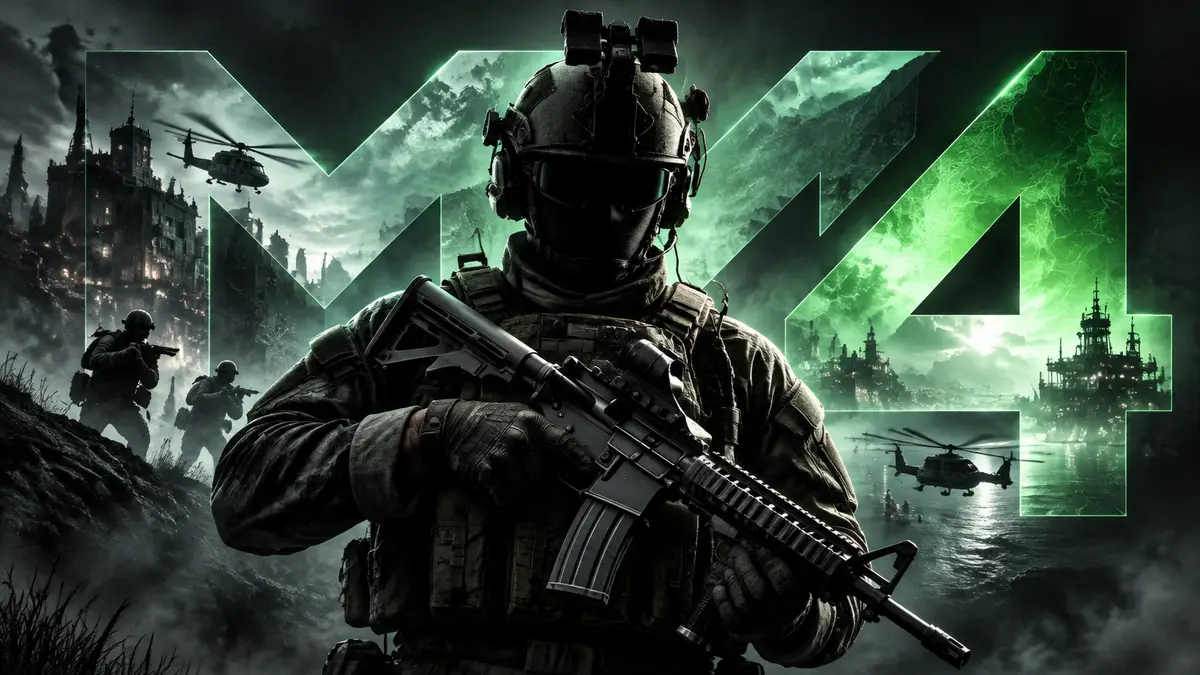 Солдат в тактической экипировке с винтовкой M4 на фоне логотипа Call of Duty: Modern Warfare 4