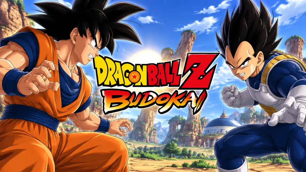 Гоку и Веджета из Dragon Ball Z: Budokai готовятся к битве на ярком фоне
