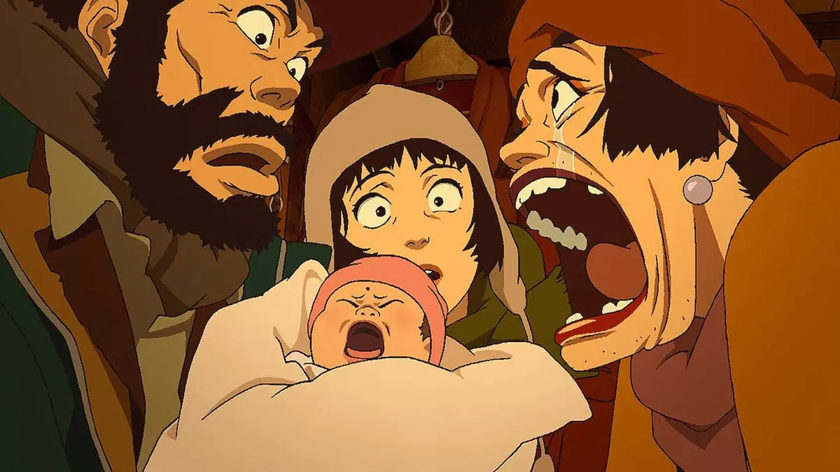 Gin, Miyuki, and Hana with the baby in Tokyo Godfathers.