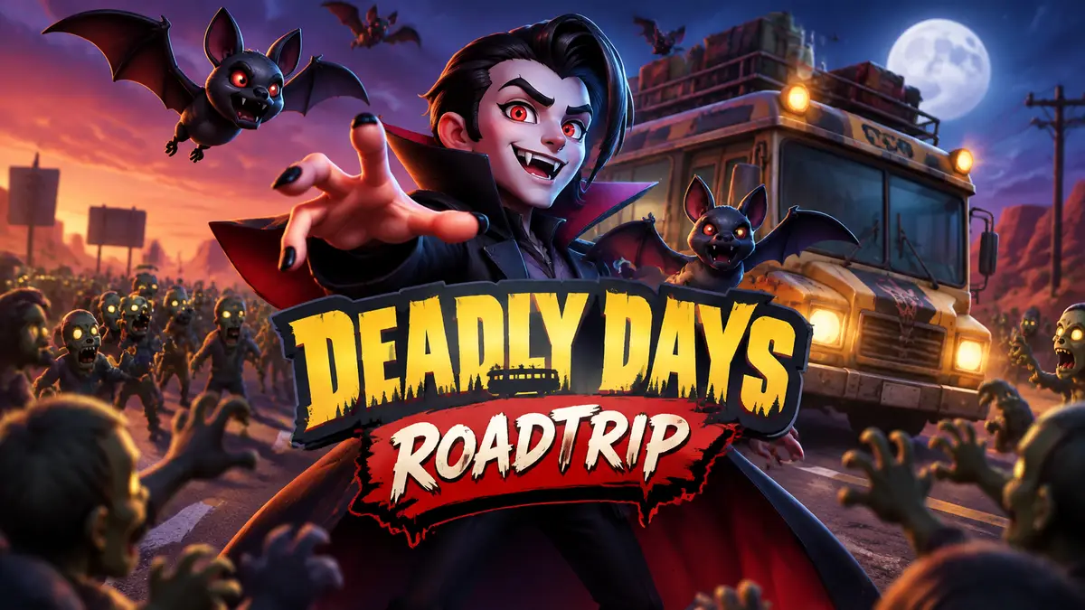 Вампир Deadly Days: Roadtrip в окружении летучих мышей у автобуса, толпа зомби на дороге, логотип игры