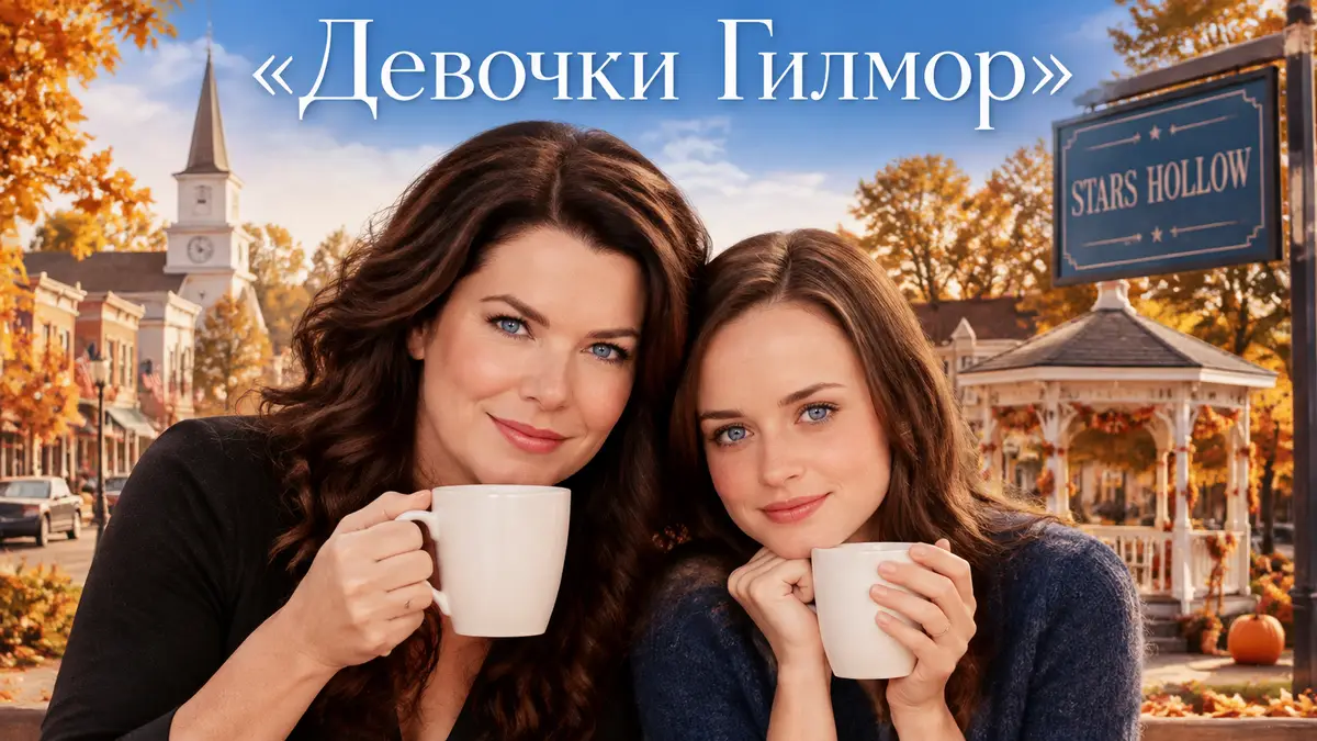 Лорелай и Рори Гилмор с кружками кофе на фоне уютного Старз-Холлоу, постер сериала «Девочки Гилмор»