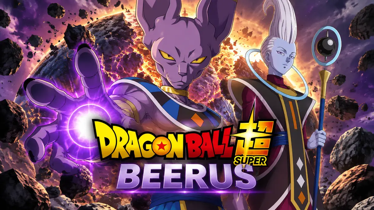 Бирус и Вис на фоне разрушенной планеты, ключевой арт Dragon Ball Super: Beerus в стиле аниме