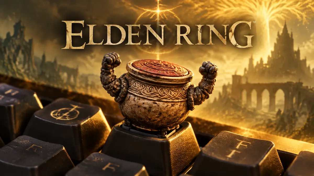 Кейкап в виде воина-кувшина Alexander из Elden Ring на механической клавиатуре, золотистый фон с логотипом