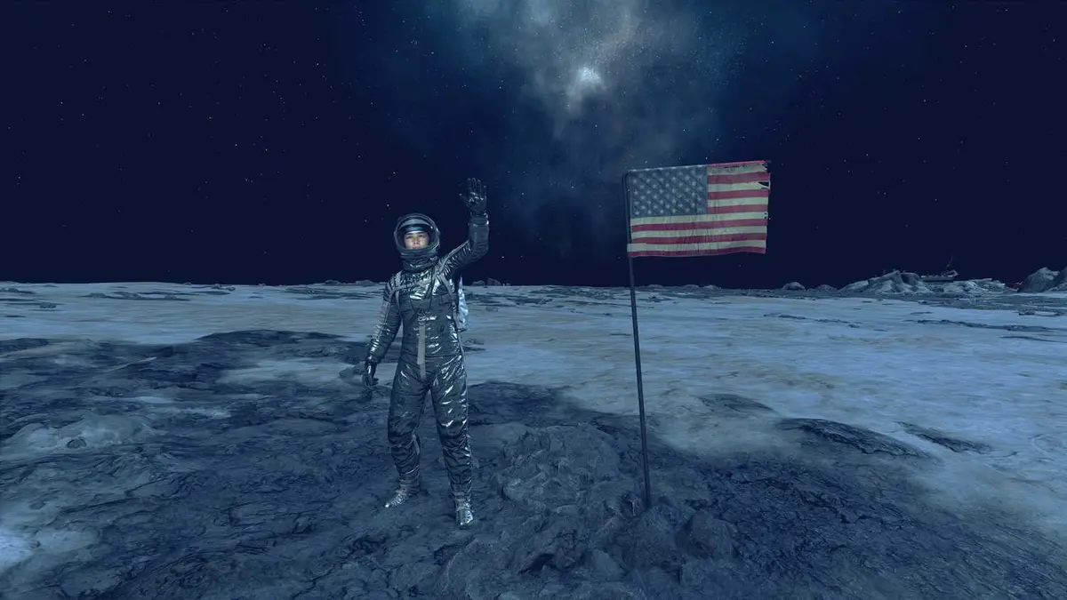 Starfield Player In Mercury Spacesuit Set Waving Near American Flag At Apollo Landing Site