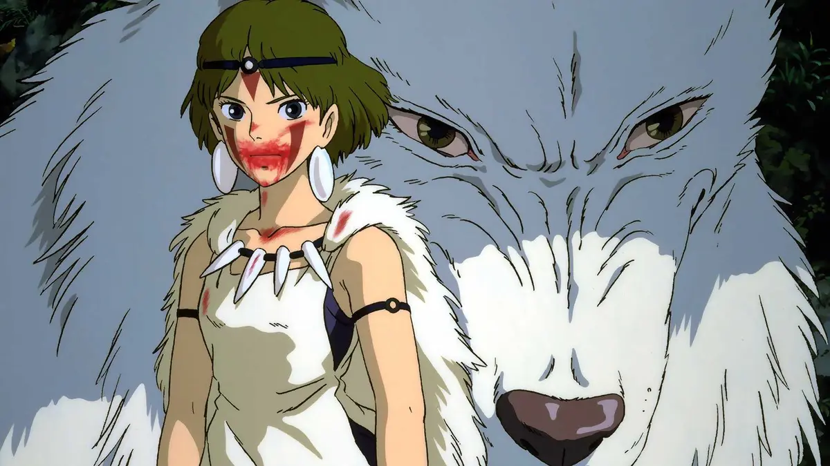 The warrior San stands with a bloody mouth in front of a giant wolf in Princess Mononoke.