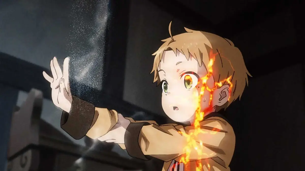 Young Rudeus Greyrat cats magic in Mushoku Tensei.