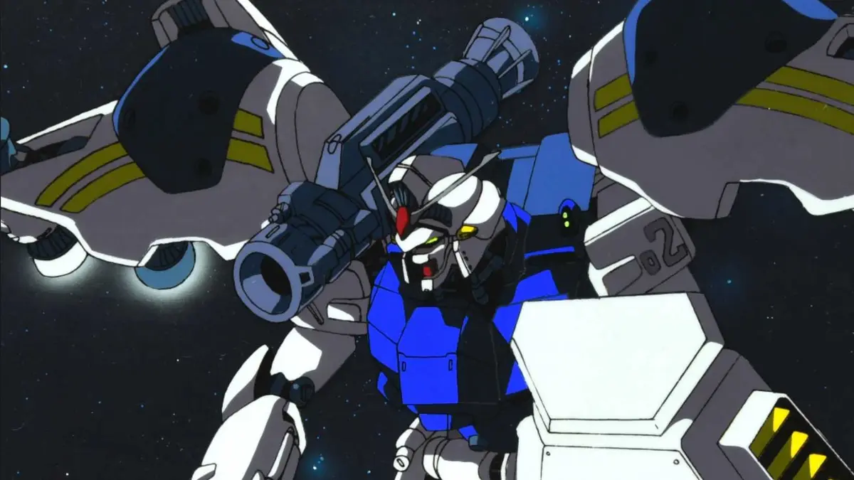 Physalis Gundam looks for space to fire its Atomic Bazooka in Mobile Suit Gundam 0083: Stardust Memory.