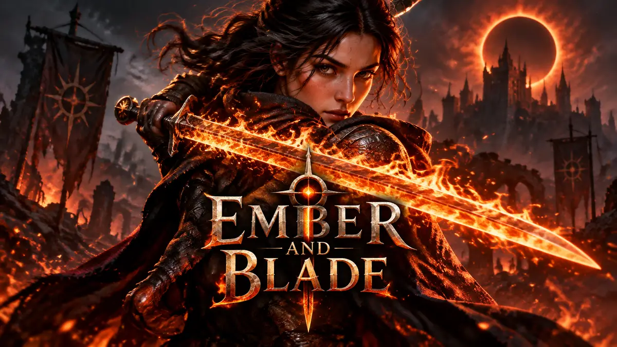 Постер Ember and Blade: клинок в языках пламени и тлеющих искрах на тёмном фоне с логотипом игры