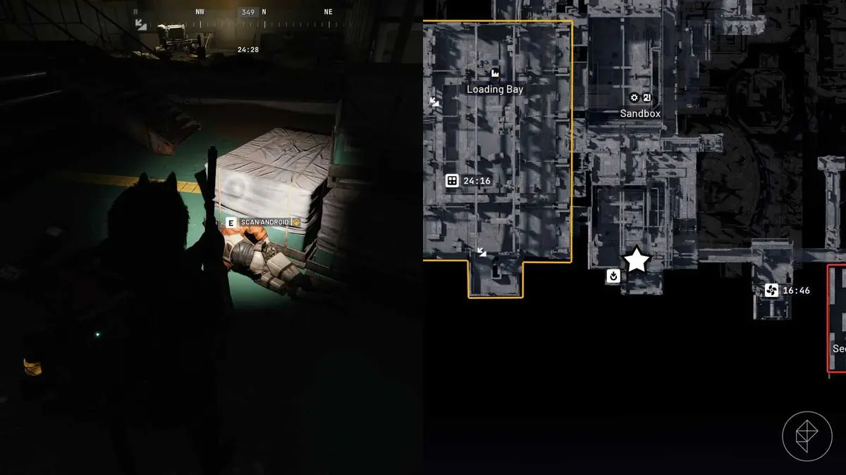 The left-hand side of the image shows the player in Arc Raiders standing next to the objective required for the "Someone Else's Shoes" quest while the right-hand side shows the location marked on the