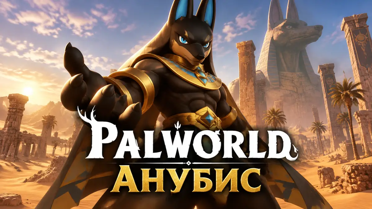 Анубис из Palworld — мускулистый шакалоголовый Пал в золотых украшениях на фоне пустыни и огромной статуи