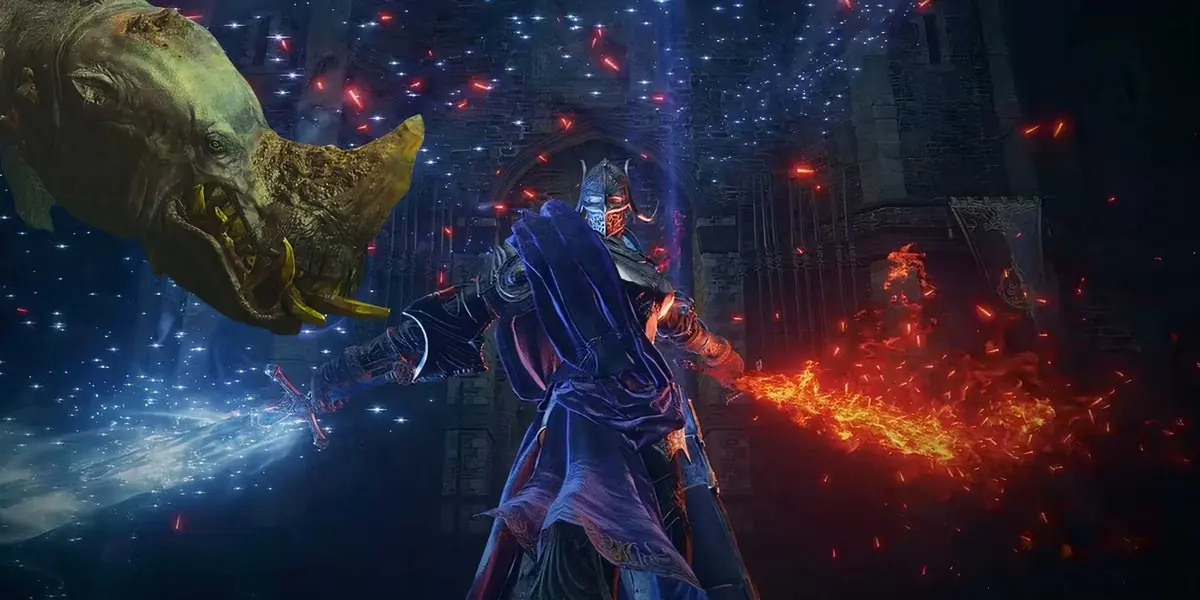 Rellana extends two swords -- one coated in red fire, the other blue magic -- while the head of the Golden Hippo leers menacingly at her from the corner.