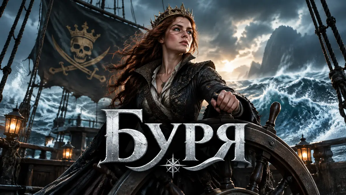 Королева пиратов на палубе корабля среди штормовых волн, постер сериала по роману «Буря» Виктории Авеярд