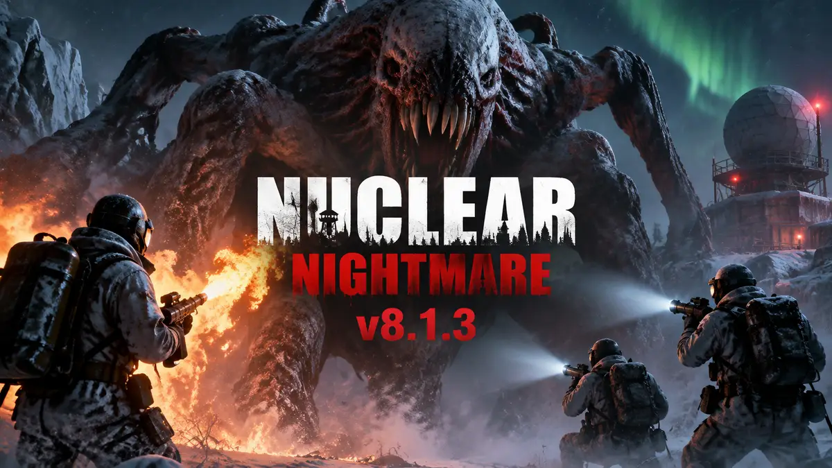 Отряд солдат с огнемётом и фонарями против огромного мутанта Apex Predator, постер Nuclear Nightmare