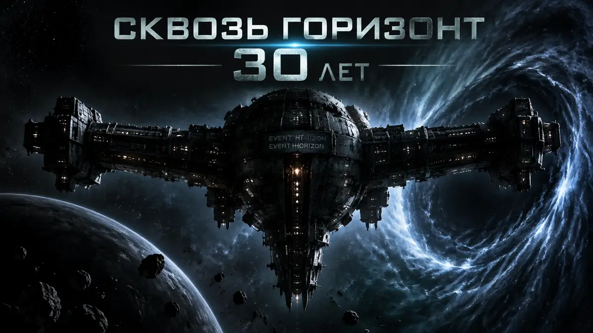 Космический корабль Event Horizon из хоррора «Сквозь горизонт» в мрачной тьме космоса, постер к 30-летию