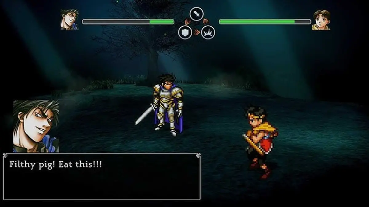 A solo battle with Luca Blight fighting against the main character in the forest in Suikoden II