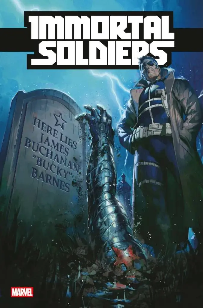 Nick Fury Sr stands atop Bucky Barnes' grave in Immortal Soldiers #1