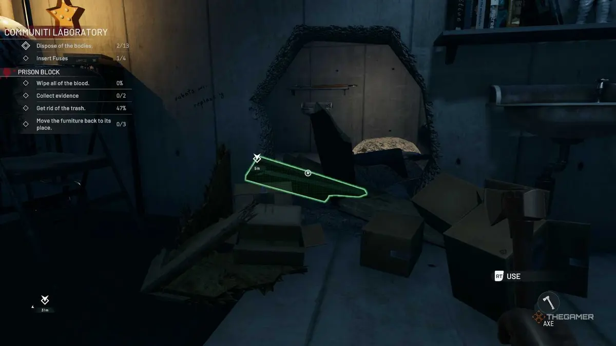 Crime Scene Cleaner broken boxes in a cell.