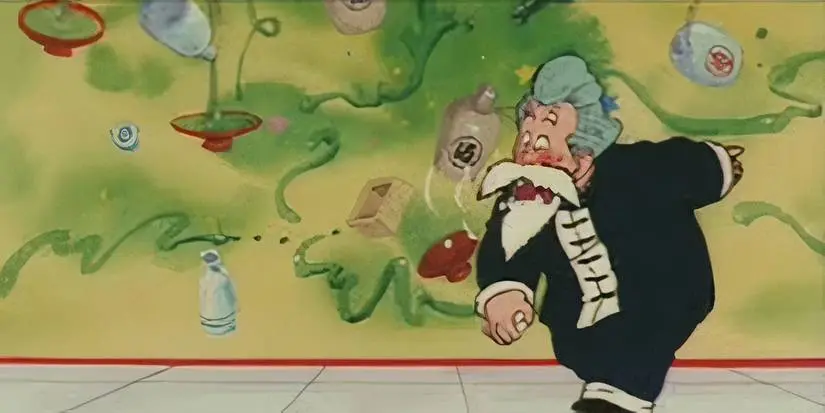 Jackie Chun gets lost in his Drunken Fist technique in Dragon Ball Episode 26.