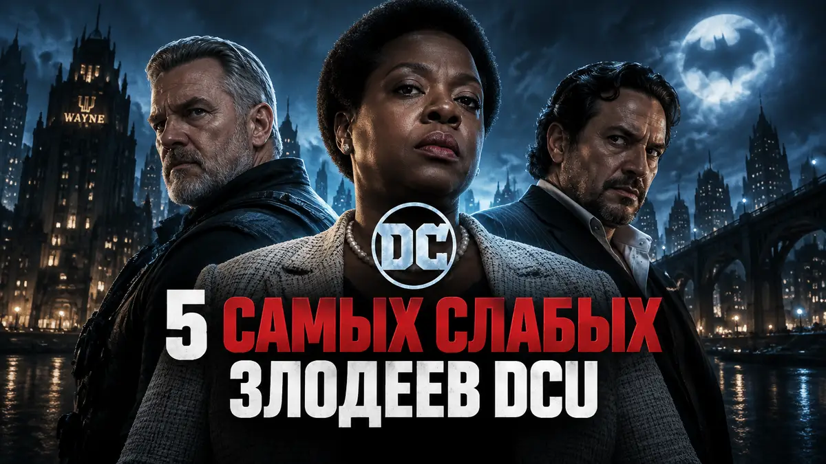 Злодеи DCU Рик Флэг-старший, Аманда Уоллер и гангстер Маркос Сабо на фоне ночного Готэма, постер DC