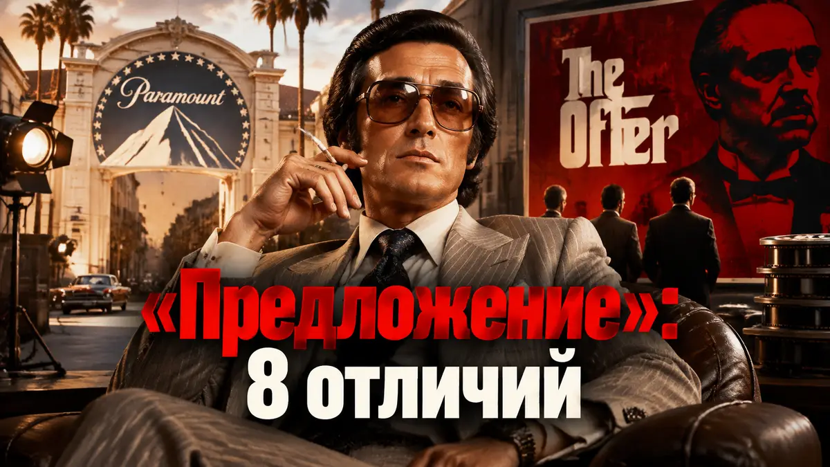 Продюсер Роберт Эванс в костюме 70-х на фоне студии Paramount, постер сериала «Предложение» о «Крёстном отце»