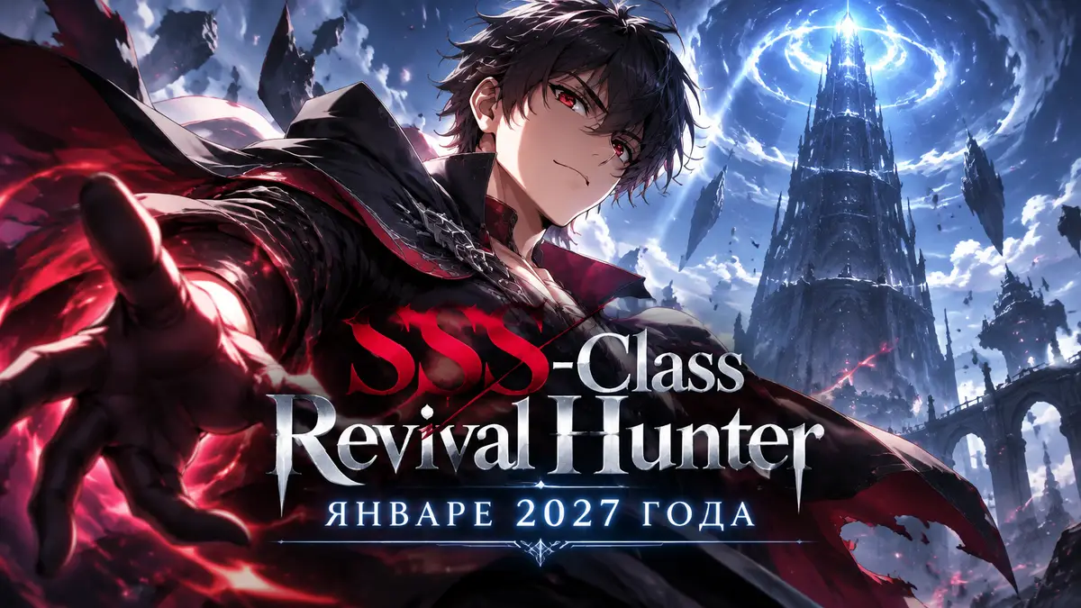 Главный герой аниме SSS-Class Revival Hunter на фоне магической башни с постера