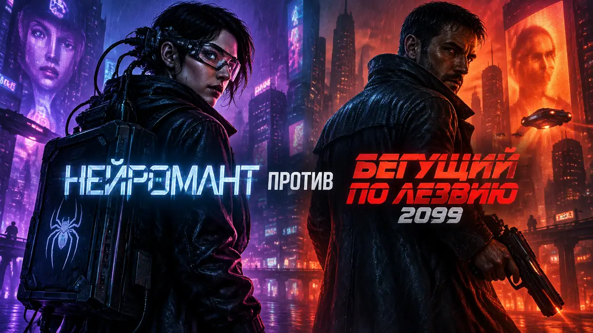 Кейс из сериала «Нейромант» и охотник из «Бегущего по лезвию 2099» в неоновом киберпанк-городе под дождём