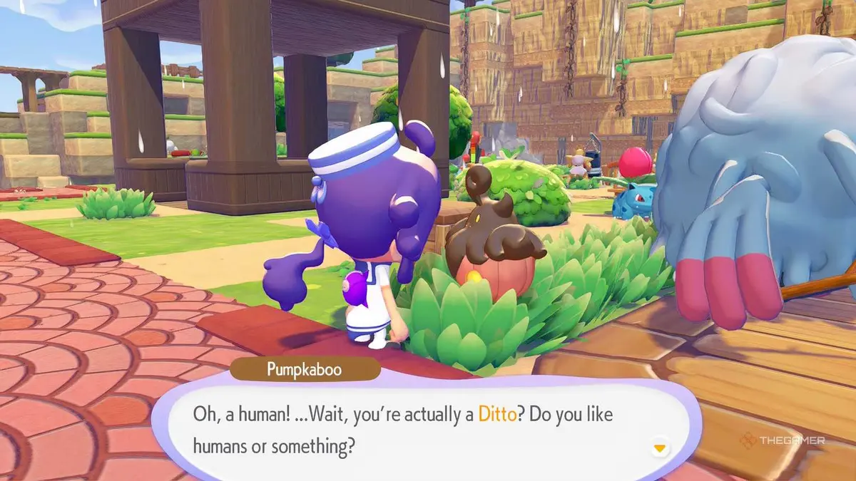 Ditto talking to Pumpkaboo in Pokemon Pokopia.