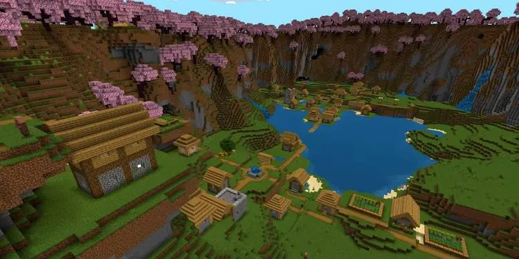 Minecraft Bedrock Edition Two Villages In Valley Surrounded By Cherry Blossom Hills.