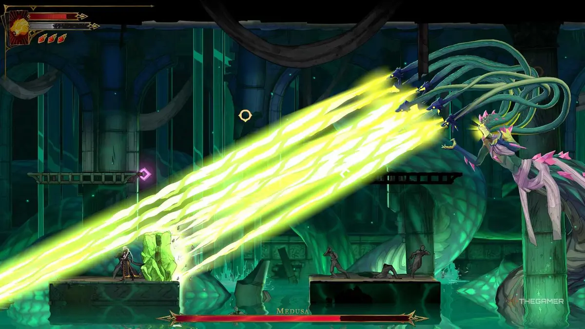 A player finding The Prophetess clues and defeating Medusa in Castlevania: Belmont's Curse.