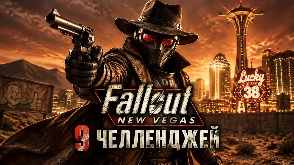 Курьер Fallout: New Vegas в ковбойской шляпе и плаще с револьвером на фоне огней Стрипа в пустыне Мохаве