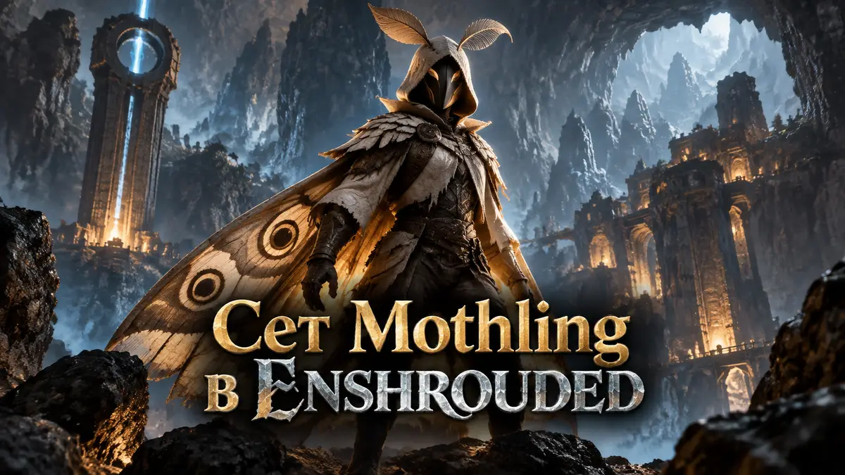 Герой Enshrouded в наряде Mothling в стиле мотылька на фоне горных пещер Nomad Highlands