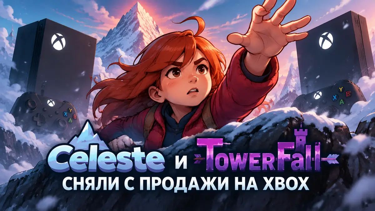 Героиня Celeste с рыжими волосами тянется вверх на фоне консолей Xbox Series среди снежных гор