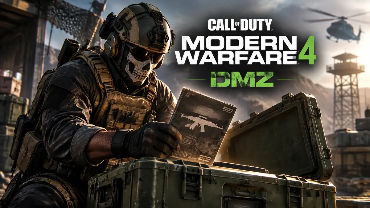 Оперативник Call of Duty: Modern Warfare 4 DMZ у открытого зелёного военного ящика с Weapon Manual