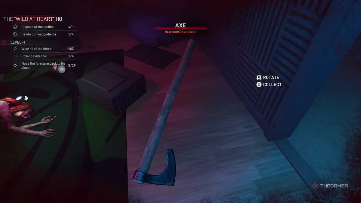 Crime Scene Cleaner axe evidence near a body.