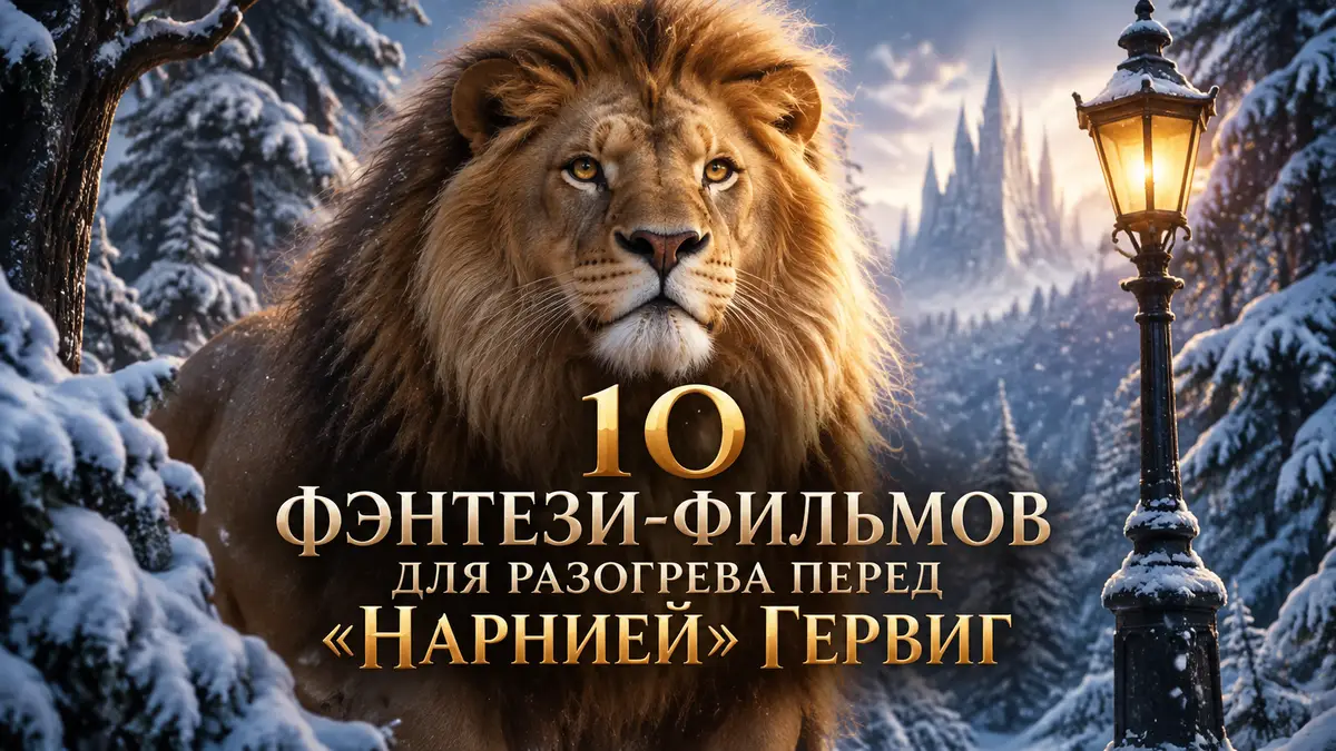 Лев Аслан на фоне заснеженного волшебного леса и фонарного столба, постер фэнтези-подборки к «Нарнии»