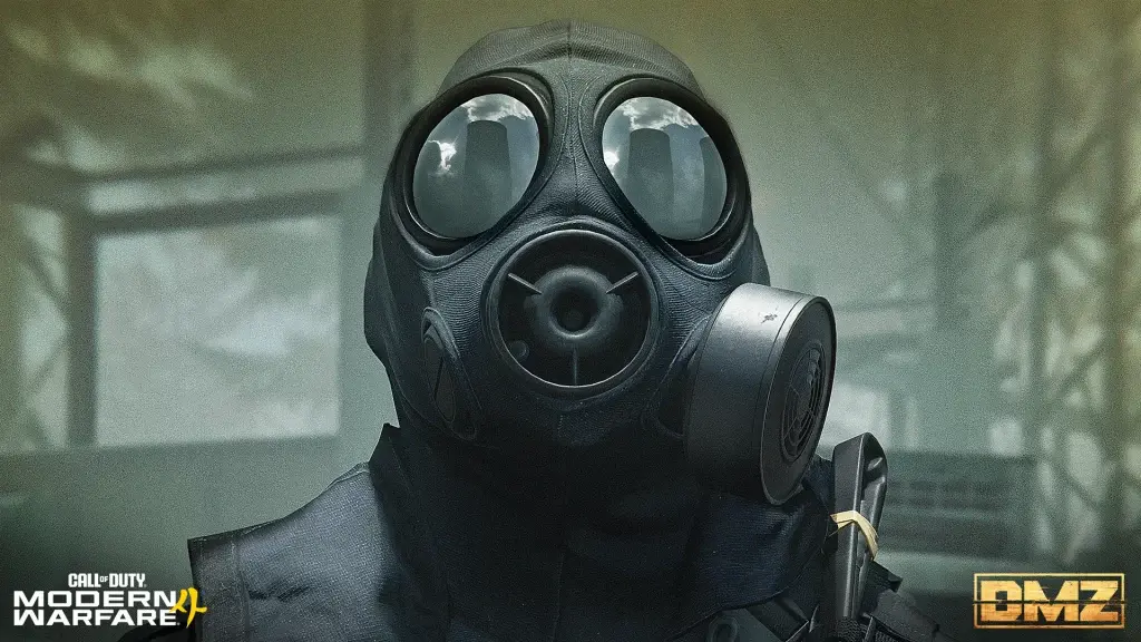 A close-up shot of a character in a gas mask