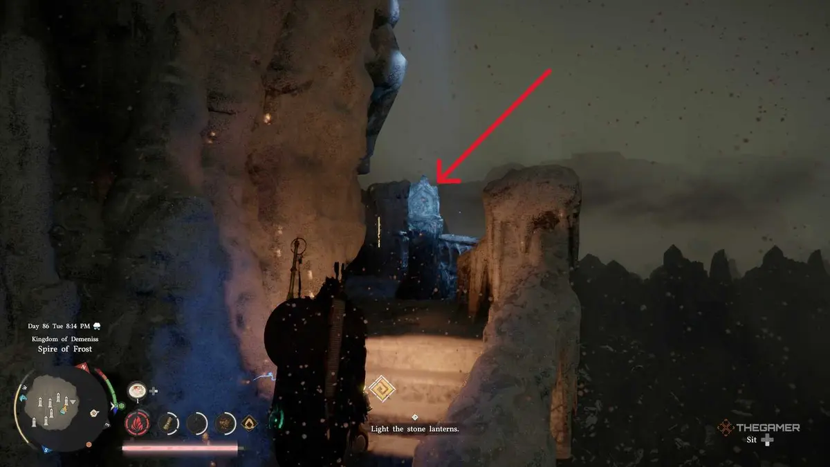 A player solving the Spire of Frost puzzle in Crimson Desert.