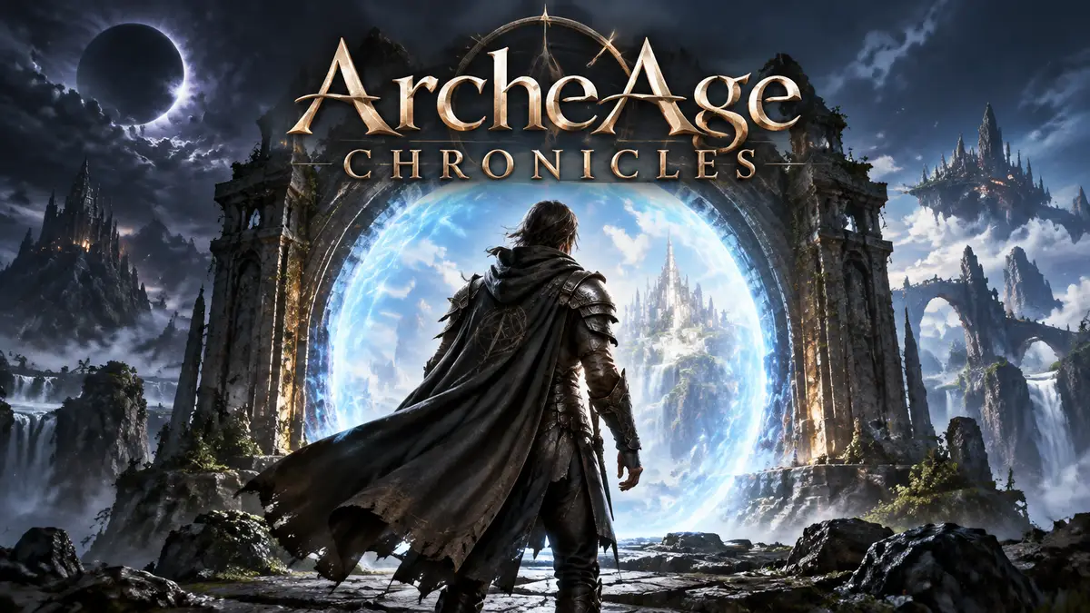 Постер ArcheAge Chronicles: путешественник в фэнтезийных доспехах перед светящимся порталом на фоне тёмного неба