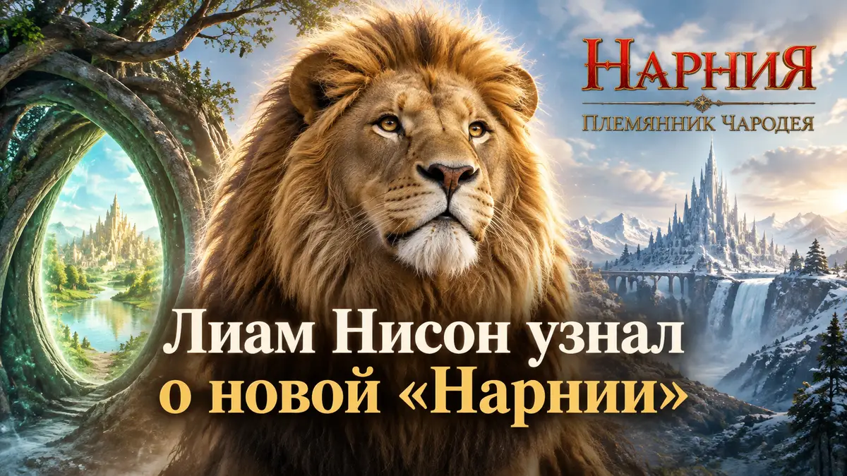 Величественный лев Аслан на фоне сказочного пейзажа Нарнии, постер фильма «Нарния: Племянник чародея»